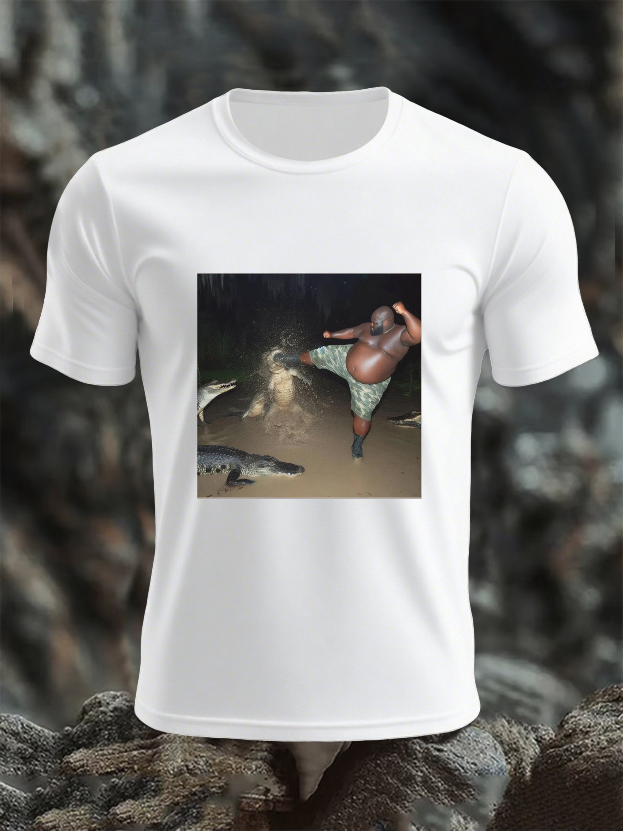Men's humor, mental health, man kicking alligator in swamp pool, funny top