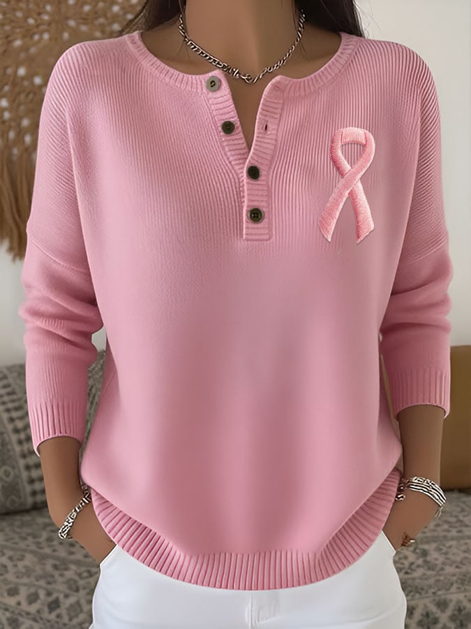 Women's Casual Breast Cancer Heart Ribbon Print Knit Top