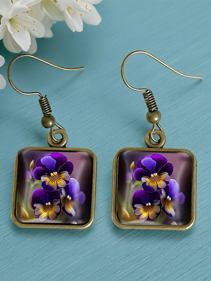 Pansy Floral Vintage Copper Time Gemstone Crystal Glass Square Earrings