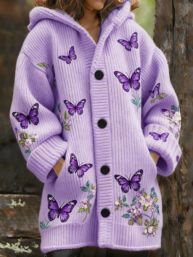 Women's Casual Purple Floral Thickened Cardigan