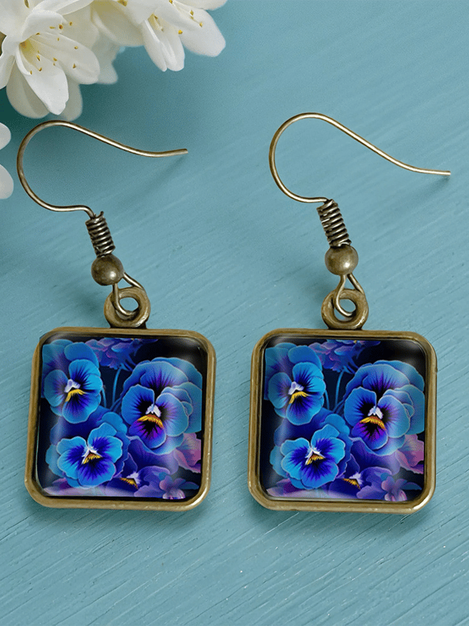 Pansy Floral Vintage Copper Time Gemstone Crystal Glass Square Earrings