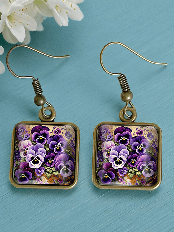 Pansy Floral Vintage Copper Time Gemstone Crystal Glass Square Earrings
