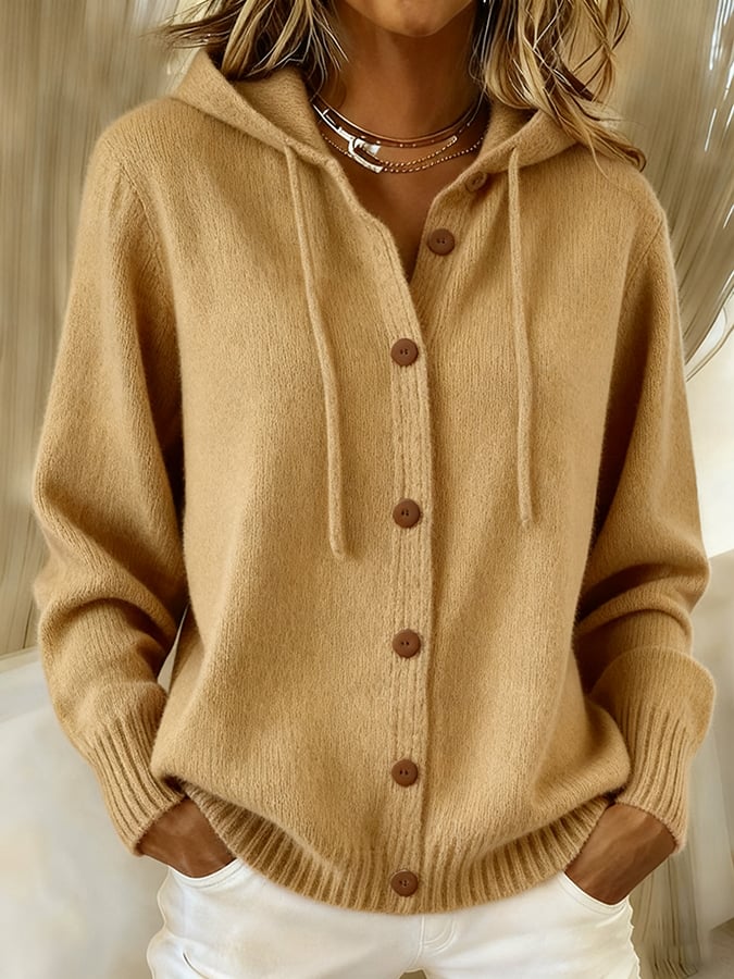 Women's Casual Retro Solid Color Knitted Hooded Cardigan