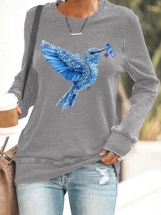 Women's Diabetes Awareness Hummingbird Ribbon Print Sweatshirt
