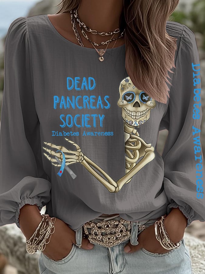 Women's Retro Diabetes Awareness Dead Pancreas Society Print Shirt