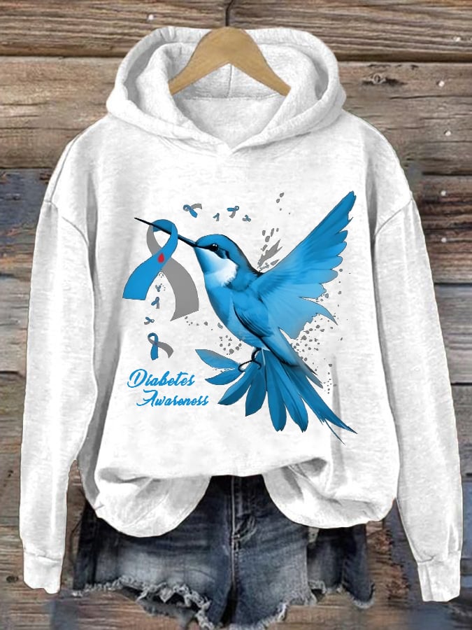 Women's Retro Hummingbird Diabetes Awareness Print Hoodie