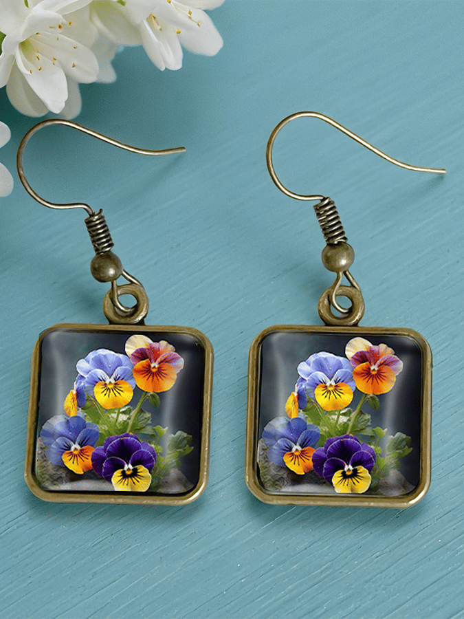 Pansy Floral Vintage Copper Time Gemstone Crystal Glass Square Earrings