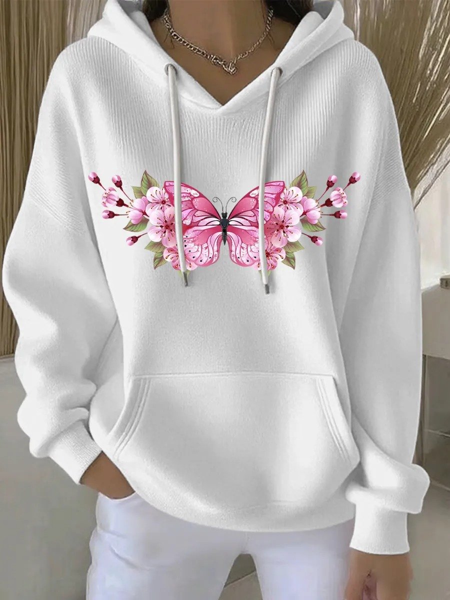 Women's Breast Cancer Butterfly Print Knit Crew Neck Long Sleeve Top