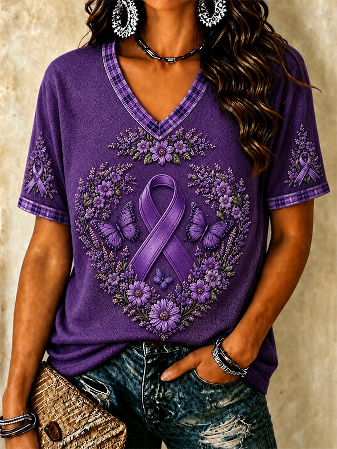 Women's Casual Floral Print V Neck T-shirt