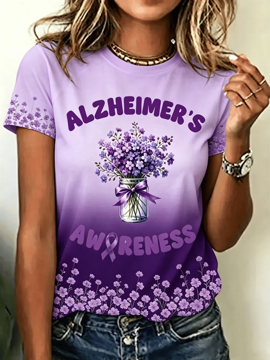 Women'S Alzheimer'S Flower Print Crew Neck T-Shirt