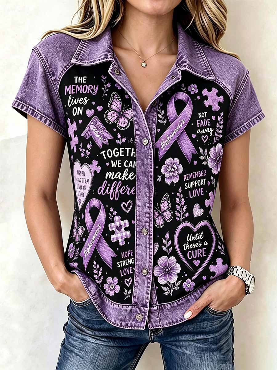 Women's Fashion Alzheimer's Support Pattern Print Casual Shirt